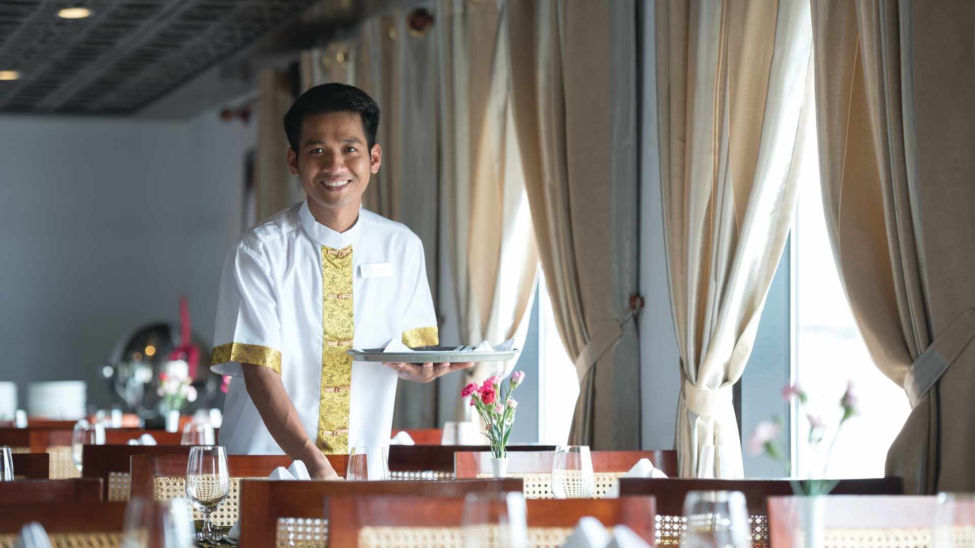 View of restaurant service on RV Apsara, Vietnam and Cambodia