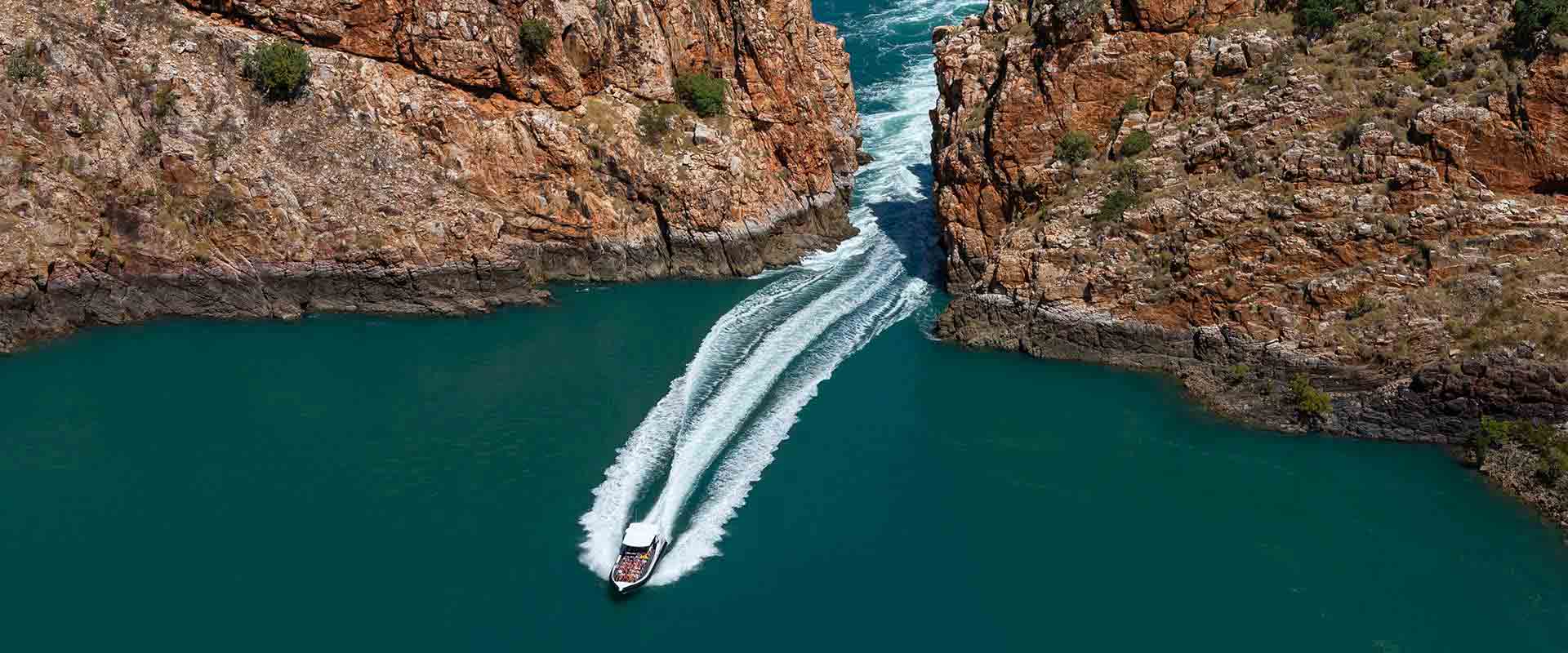 Embark on a high-powered fast boat ride through the Horizontal Falls from on board a Kimberley Coast small ship expedition cruise 