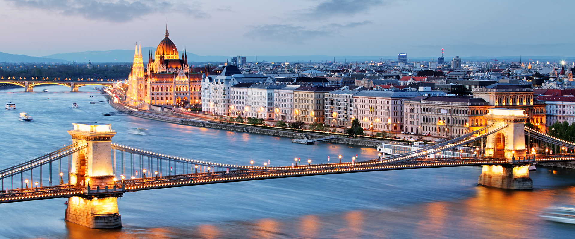 Budapest parliament and bridge in twilight