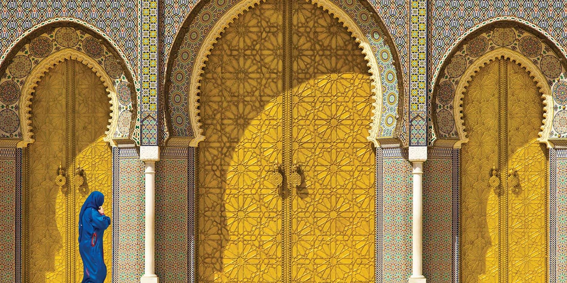 Large ornate yellow doors, Morocco