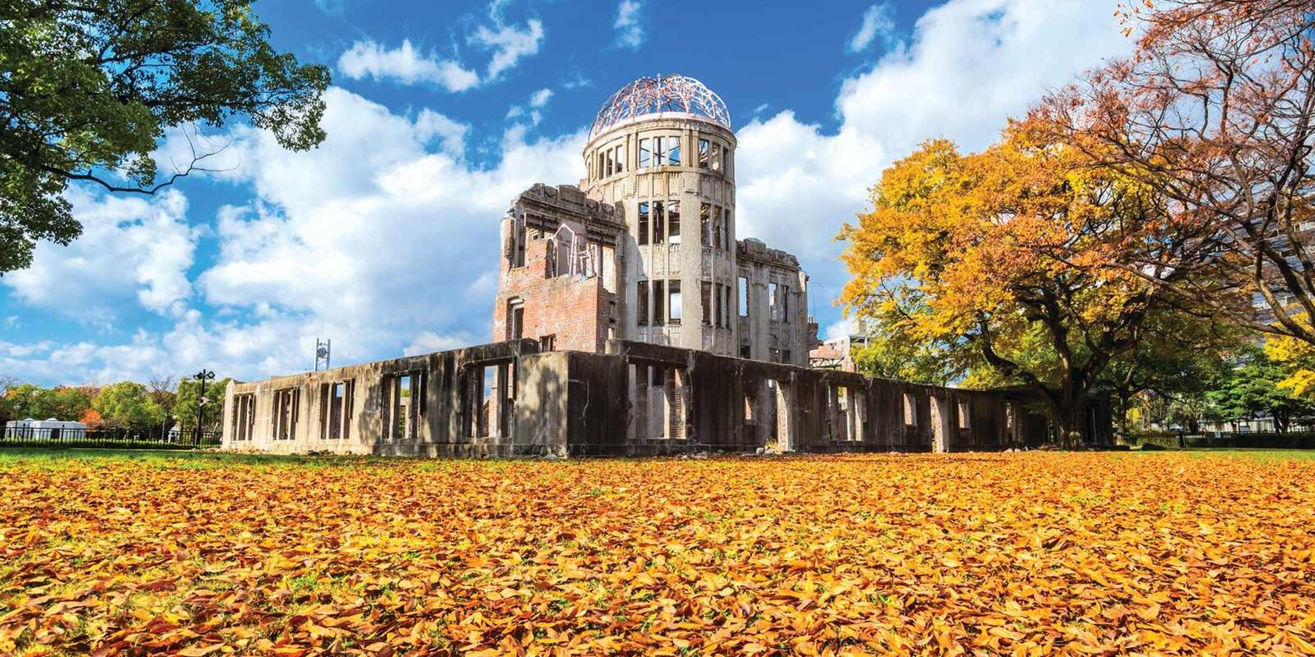 View of Hiroshima with autumn leaves in forefront, Japan