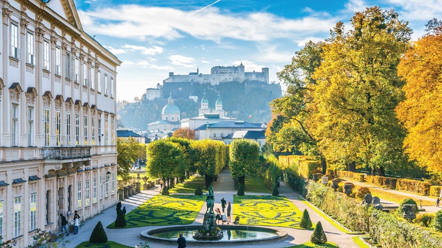 View of Mirabell Gardens with fortress in background, Salzburg