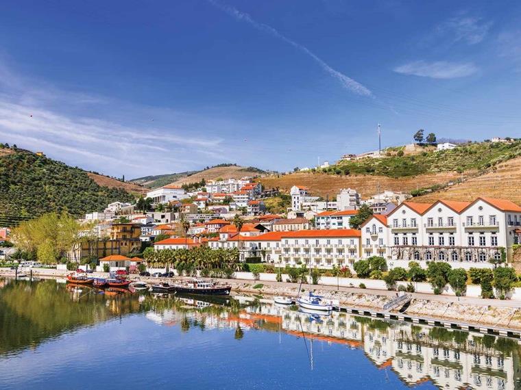 View of Pinhao village by river, Portugal