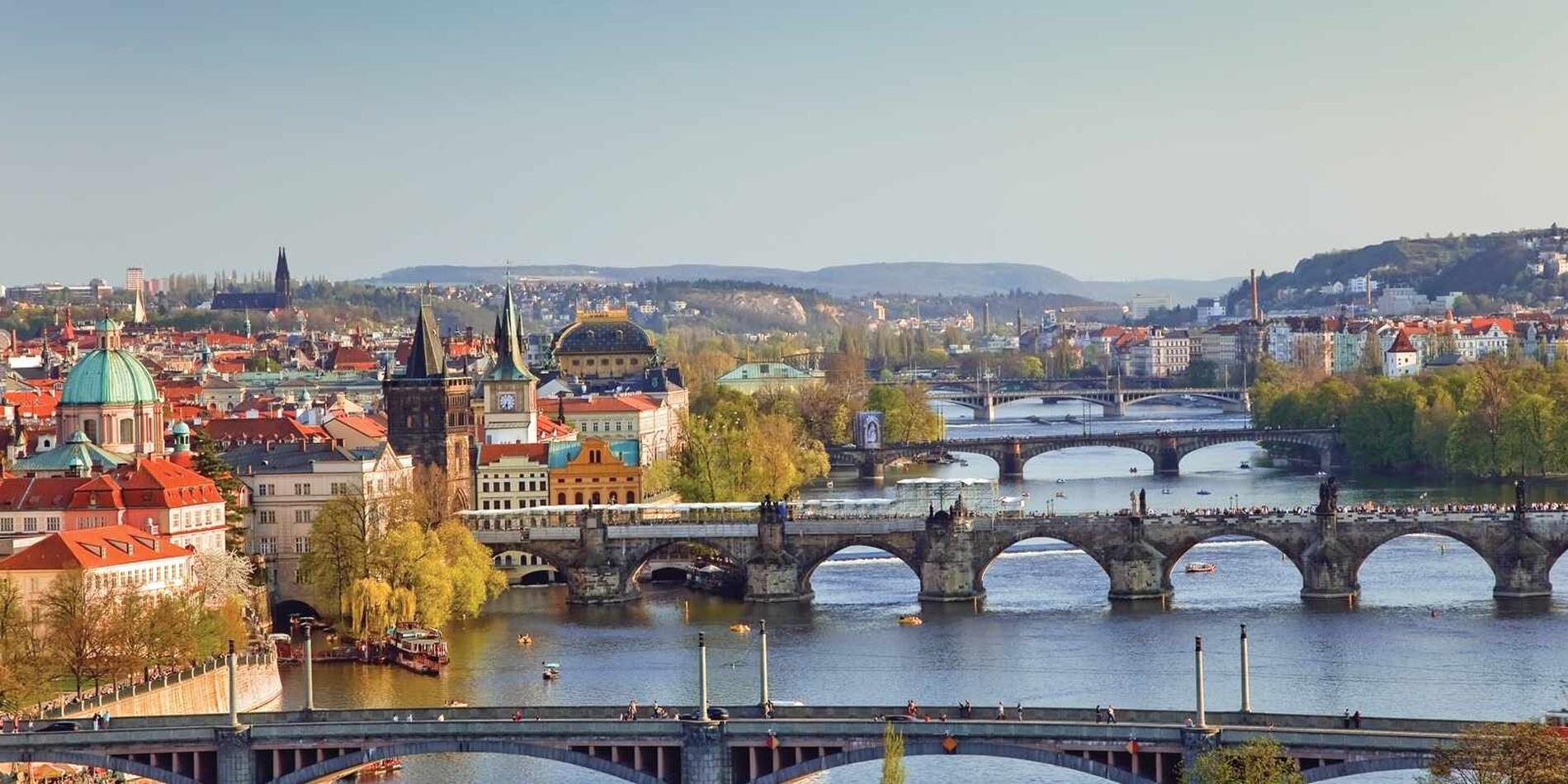 Panoramic view of the many bridges connecting Prague