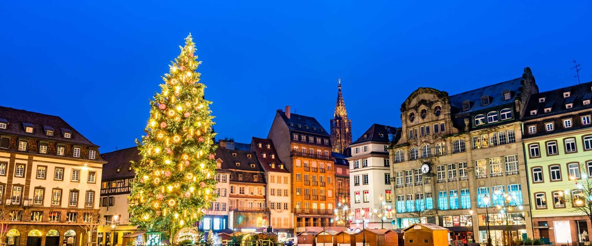 View of Strasbourg Christmas tree in square, France