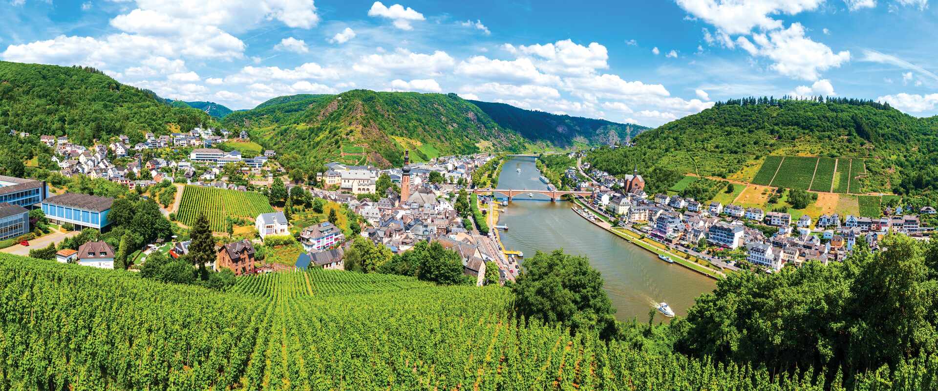 Aerial view of Moselle Valley vineyard and cochem town, Germany