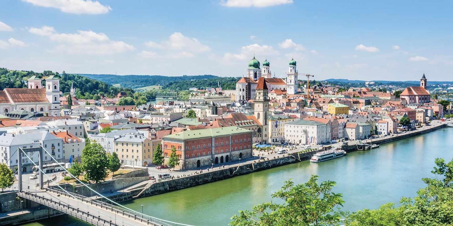 View of city of Passau from riverbank, Germany