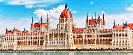 Panoramic view from the river of the Parliament Building in Budapest, Hungary