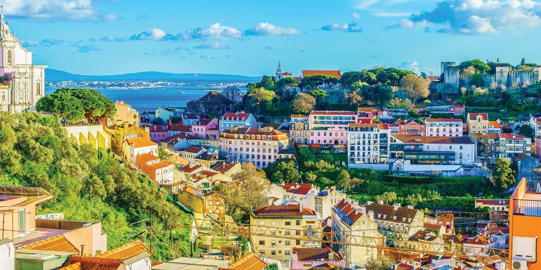 Aerial view of sun drenched city, Lisbon