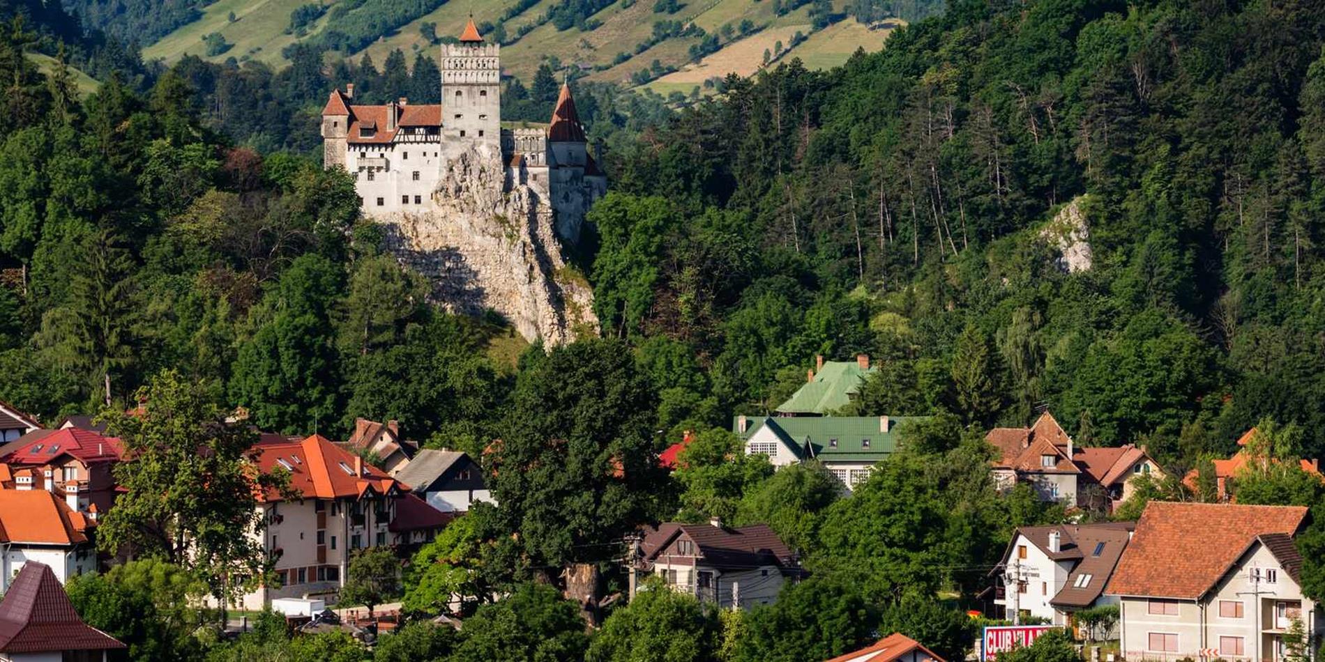 Bran Castle in the distance surrounded by forest