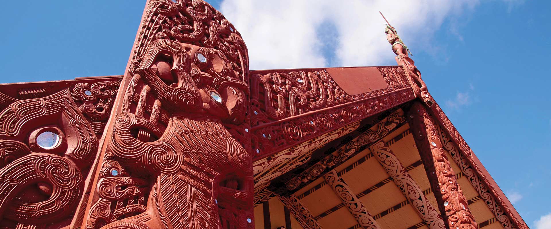 Intricately carved detail on Maori building used for meeting place
