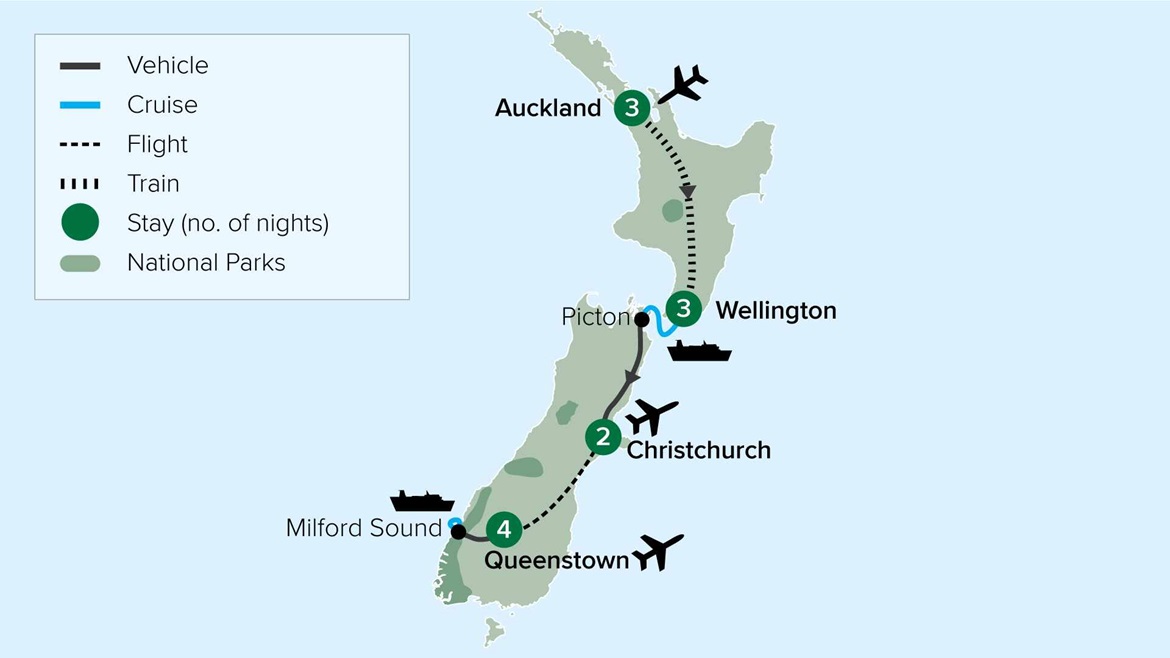Tailor Made Journeys Private Tour Nth and Sth Island Example Itinerary NZTMJTM1
