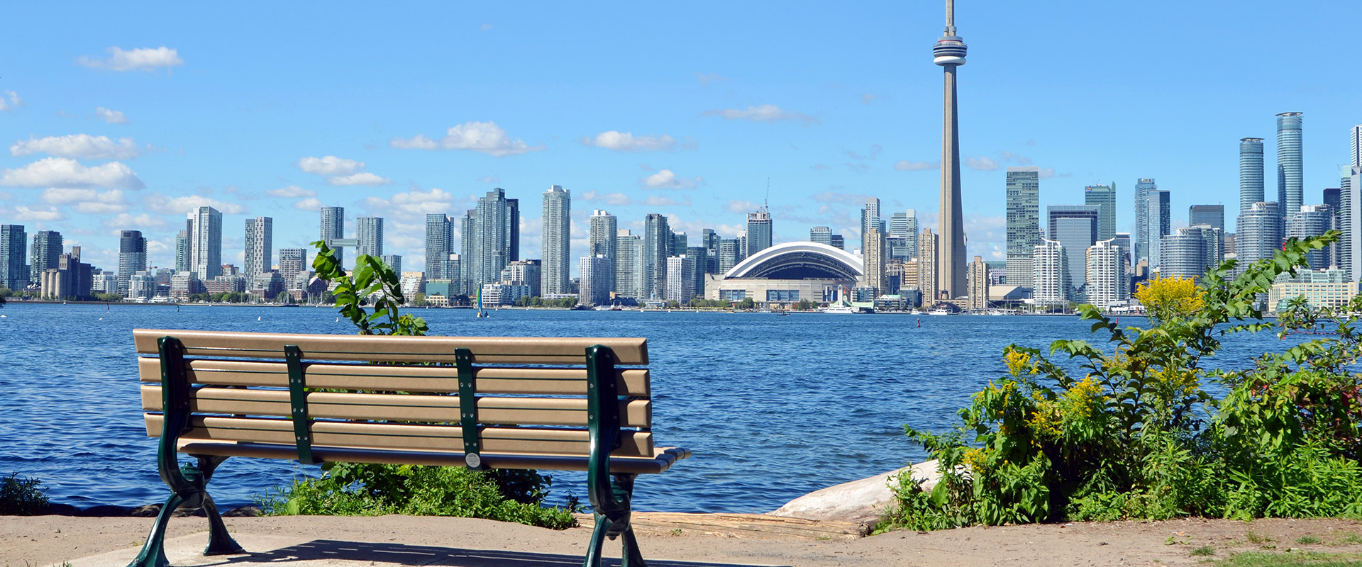 Park bench in the foreground with lake and Toronto city skyline in the background on a sunny day
