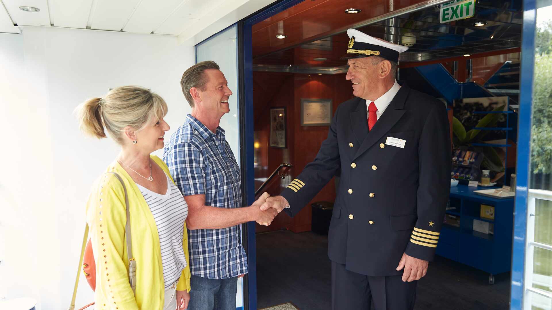 View of passengers meeting Captain on Contemporary ship