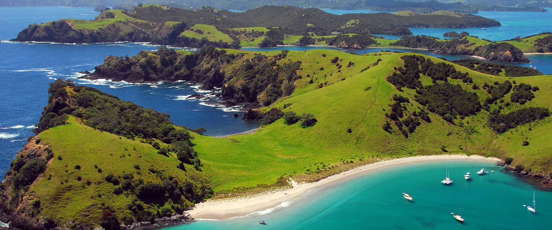Aerial view across stunning bay of islands, New Zealand
