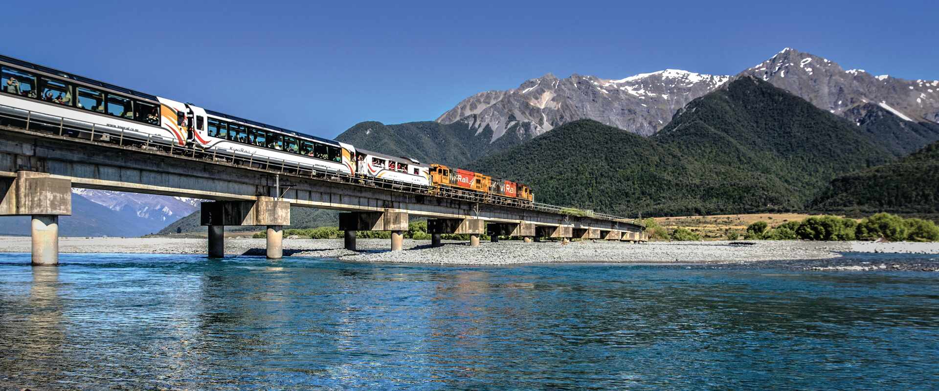 View of Tranzalpine Train on Waimakariri Bridge, New Zealand